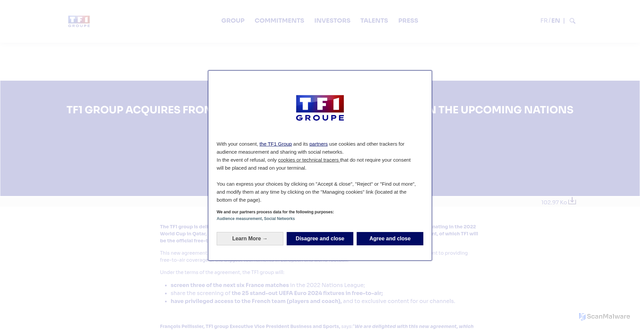 Security scan screenshot of https://groupe-tf1.fr/en/communiques/tf1-group-acquires-uefa-rights-france-matches-upcoming-nations-league-and-euro-24