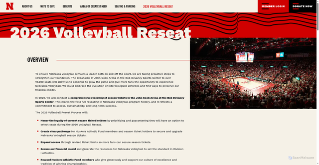 Security scan screenshot of https://huskersathleticfund.com/volleyball-reseating/index.html