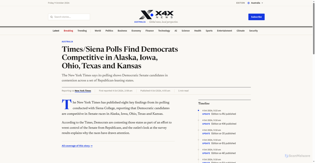 Security scan screenshot of https://x4xnews.com/en/au/news/times-siena-polls-democrats-competitive-senate-alaska-iowa-ohio-texas-kansas