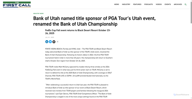 Security scan screenshot of https://www.firstcallgolf.com/industry-news/release/2025-07-01/bank-of-utah-named-title-sponsor-of-pga-tours-utah-event-renamed-the-bank-of-utah-championship