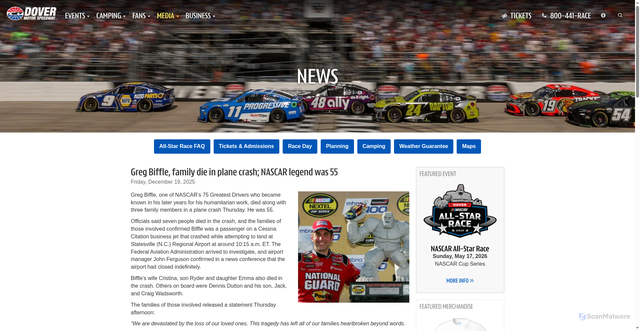 Security scan screenshot of https://www.dovermotorspeedway.com/media/news/greg-biffle-family-die-plane-crash-nascar-legend-was.html