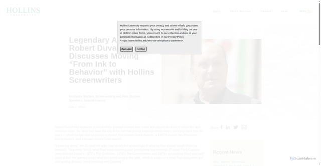 Security scan screenshot of https://www.hollins.edu/news/legendary-actor-robert-duvall-discusses-moving-from-ink-to-behavior-with-hollins-screenwriters/