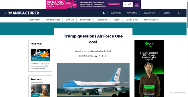 Security scan screenshot of https://www.themanufacturer.com/articles/trump-questions-air-force-one-cost/