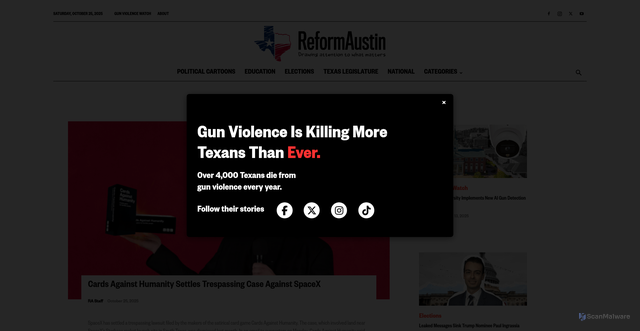 Security scan screenshot of https://www.reformaustin.org/