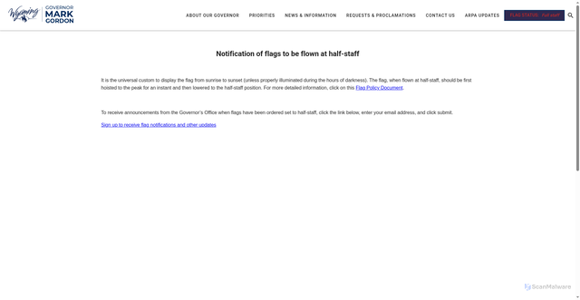 Security scan screenshot of https://governor.wyo.gov/flag-status