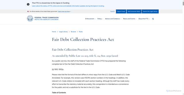 Security scan screenshot of https://www.ftc.gov/legal-library/browse/rules/fair-debt-collection-practices-act-text