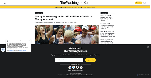 Security scan screenshot of https://www.washingtonsun.com/whitehouse/trump-auto-enroll-every-child-trump-account