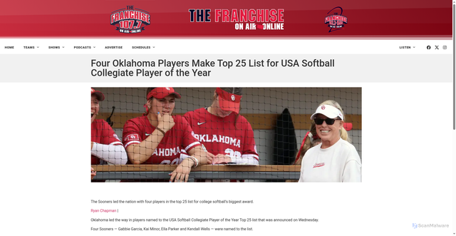 Security scan screenshot of https://thefranchiseok.com/four-oklahoma-players-make-top-25-list-for-usa-softball-collegiate-player-of-the-year/