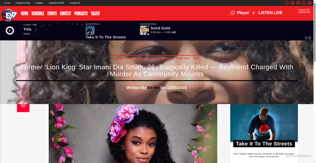 Security scan screenshot of https://b87fm.com/former-lion-king-star-imani-dia-smith-26-tragically-killed-boyfriend-charged-with-murder-as-community-mourns/news/