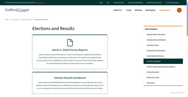Security scan screenshot of https://www.guilfordcountync.gov/government/board-elections/elections-and-results