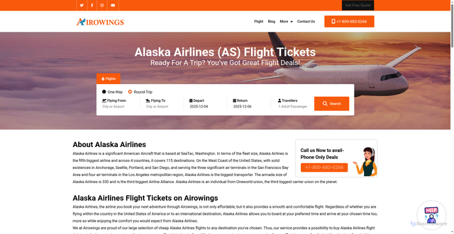 Security scan screenshot of https://www.airowings.com/airlines/alaska-airlines