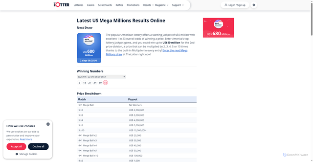 Security scan screenshot of https://www.thelotter.com/lottery-results/usa-megamillions/