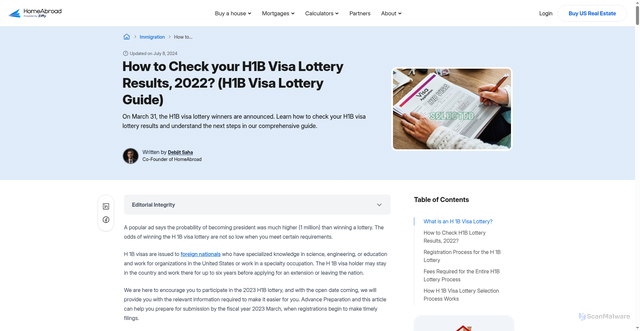 Security scan screenshot of https://homeabroadinc.com/immigration/h1b-visa-lottery/