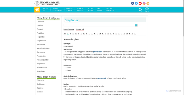 Security scan screenshot of https://www.pediatriconcall.com/drugs/acetaminophen/215