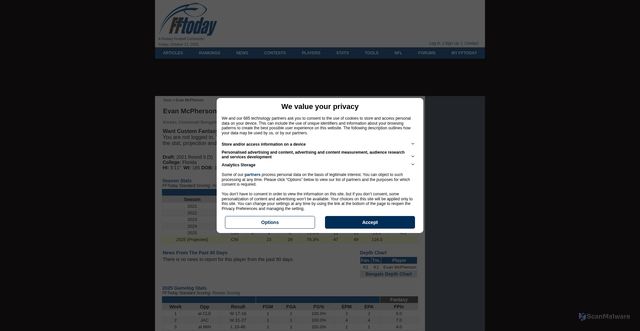 Security scan screenshot of https://www.fftoday.com/stats/players/17642/Evan_McPherson