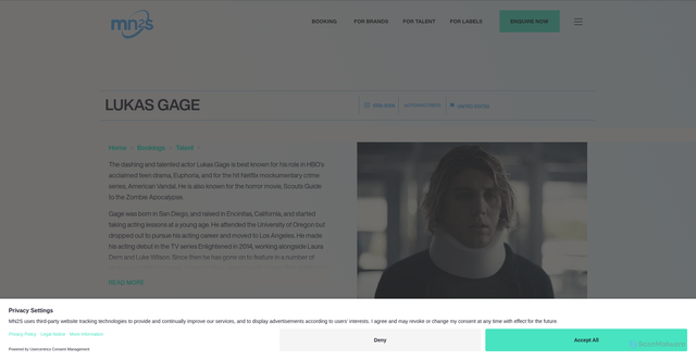 Security scan screenshot of https://mn2s.com/booking-agency/talent-roster/lukas-gage/