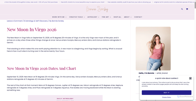 Security scan screenshot of https://bonniesorsby.com/new-moon-in-virgo/?srsltid=AfmBOoo2FyjLR5jYJsOinkA0Zk0CBT-cjt_pjeHv2IZ_n45ZQ1cW3Kn_
