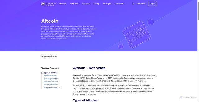 Security scan screenshot of https://www.coinapi.io/learn/glossary/altcoin