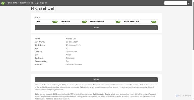Security scan screenshot of https://billionaire.oftheweek.com/vote/michael-dell