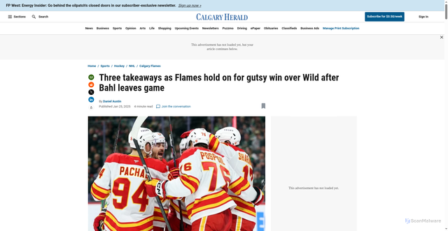 Security scan screenshot of https://calgaryherald.com/sports/three-takeaways-as-flames-hold-on-for-gutsy-win-over-wild-after-bahl-leaves-game