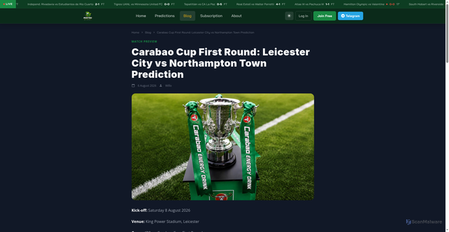 Security scan screenshot of https://www.rootedpredict.com/blog/carabao-cup-first-round-leicester-city-vs-northampton-town-prediction