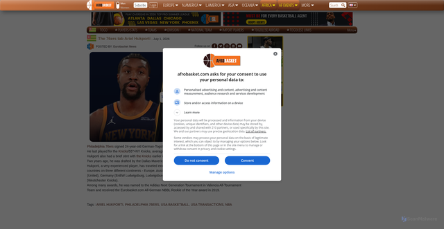Security scan screenshot of https://www.afrobasket.com/Togo/news/1003696/The-76ers-tab-Ariel-Hukporti