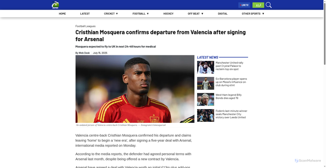 Security scan screenshot of https://www.geosuper.tv/latest/46476-cristhian-mosquera-confirms-departure-from-valencia-after-signing-for-arsenal