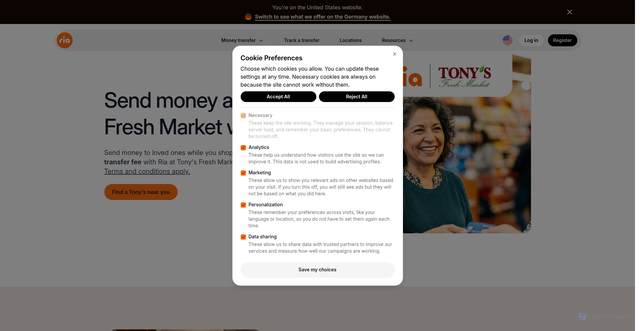 Security scan screenshot of https://www.riamoneytransfer.com/en-us/tonys-fresh-market/