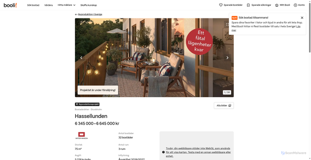 Security scan screenshot of https://www.booli.se/token-auth?next=https%3A%2F%2Fwww.booli.se%2Fprojekt%2F18299&utm_source=booli&utm_medium=email&utm_campaign=statistics-mail&utm_content=project-list&token=cedf0637375a55963040ce20f9c2bdc1