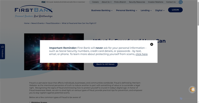 Security scan screenshot of https://www.myfirstbank.com/news-events/fraud-education/2023/november/what-is-fraud-and-how-can-you-fight-it