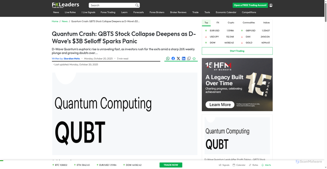 Security scan screenshot of https://www.fxleaders.com/news/2025/10/20/quantum-crash-qbts-stock-collapse-deepens-as-d-waves-3-b-selloff-sparks-panic/