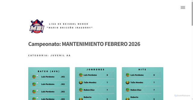 Security scan screenshot of http://beisbolmenorenaragua.com/ligaMBI/juvenil_AA/lideres.html