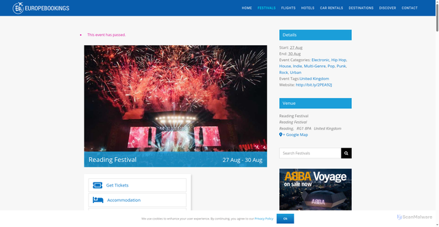 Security scan screenshot of https://europebookings.com/festival/reading-festival/