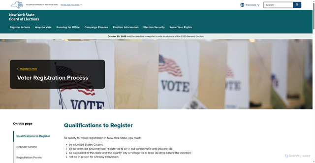 Security scan screenshot of https://elections.ny.gov/voter-registration-process