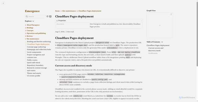 Security scan screenshot of https://emergence-notes.pages.dev/maintenance/cloudflare-pages-deployment