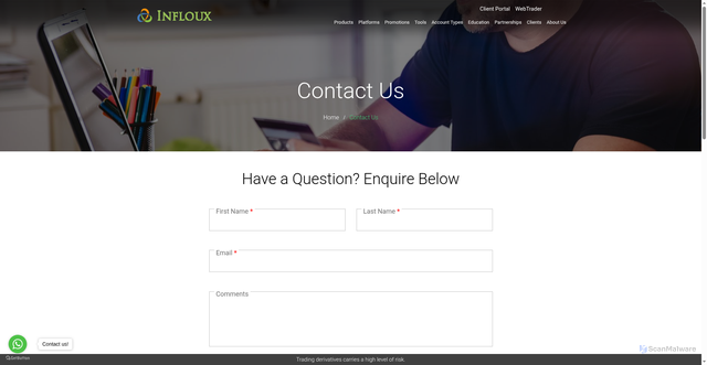 Security scan screenshot of http://inflouxsecurities.com/home/en/contact-us/index