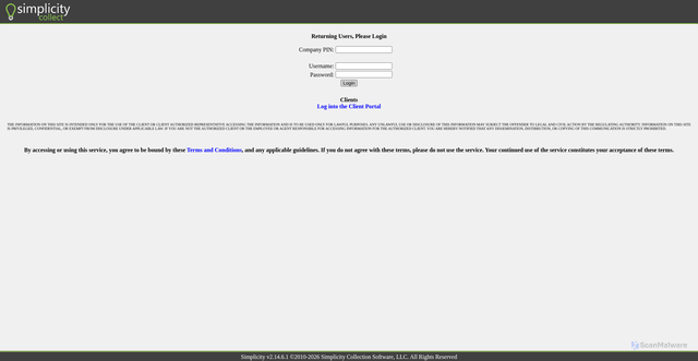 Security scan screenshot of https://app.simplicitycollect.com