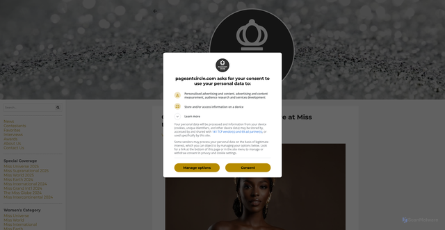 Security scan screenshot of https://www.pageantcircle.com/2025/07/miss-universe-cote-divoire-2025-is-olivia-yace-for-miss-universe-2025.html