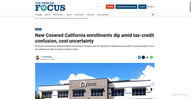 Security scan screenshot of https://themercedfocus.org/new-covered-california-enrollments-dip-amid-tax-credit-confusion-cost-uncertainty/