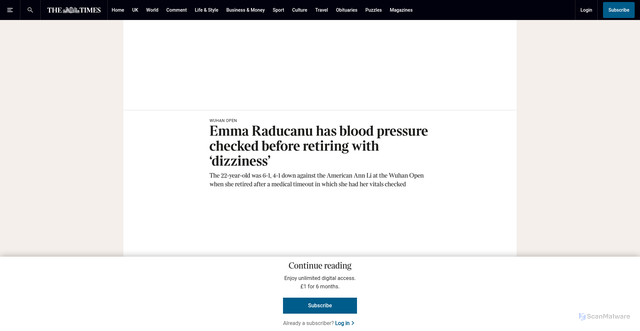 Security scan screenshot of https://www.thetimes.com/sport/tennis/article/emma-raducanu-ann-li-wuhan-open-shgwp6h0q
