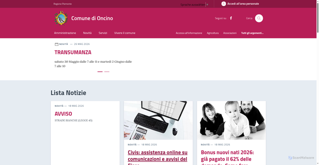 Security scan screenshot of https://www.comune.oncino.cn.it/