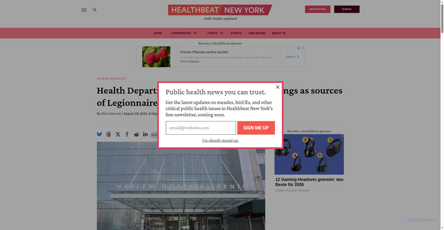 Security scan screenshot of https://www.healthbeat.org/newyork/2025/08/29/legionnaires-disease-outbreak-source/