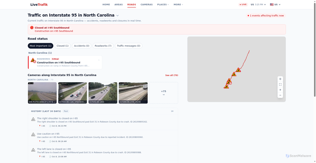 Security scan screenshot of https://livetrafik.com/us/roads/i-95-north-carolina
