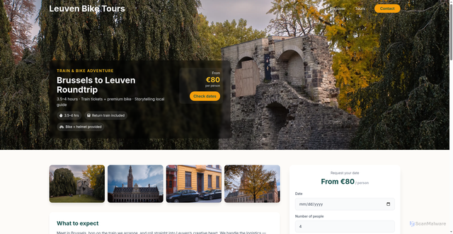 Security scan screenshot of https://leuvenbiketours-com.pages.dev/bruseels-to-leuven-train-and-bike-roundtrip/