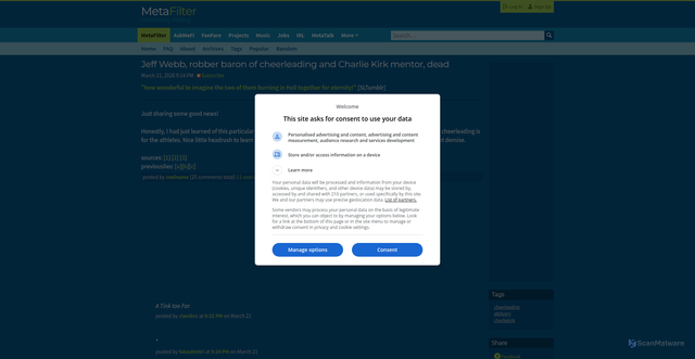 Security scan screenshot of https://www.metafilter.com/212628/Jeff-Webb-robber-baron-of-cheerleading-and-Charlie-Kirk-mentor-dead