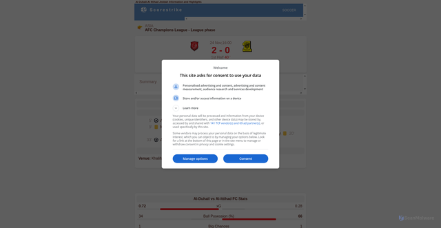 Security scan screenshot of https://www.scorestrike.com/Al_Duhail-Al_Ittihad_Jeddah-highlights/result/