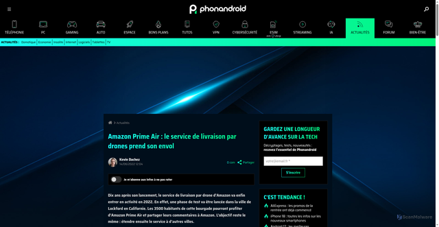 Security scan screenshot of https://www.phonandroid.com/amazon-prime-air-le-service-de-livraison-par-drones-prend-son-envol.html