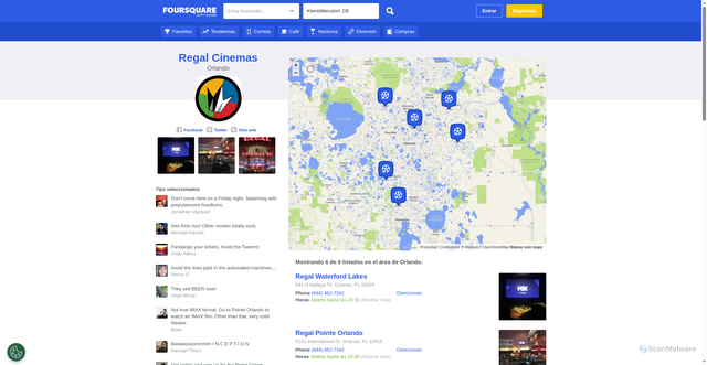 Security scan screenshot of https://es.foursquare.com/locations/regal-cinemas/orlando