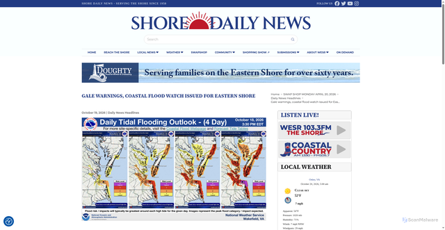 Security scan screenshot of https://shoredailynews.com/headlines/gale-warnings-coastal-flood-watch-issued-for-eastern-shore/