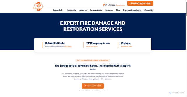 Security scan screenshot of https://www.911restoration.com/services/fire-damage-restoration